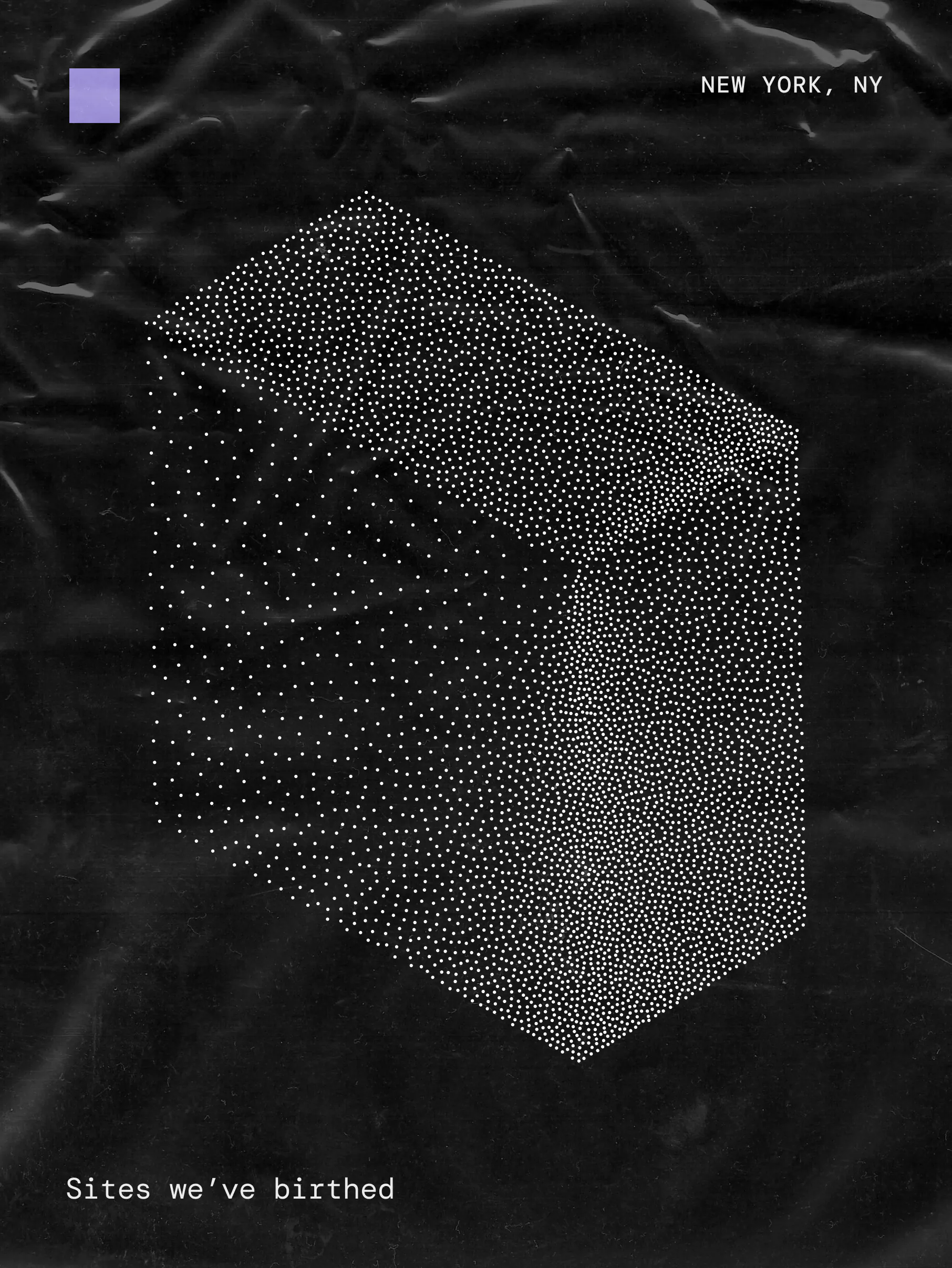 Black background with a three-dimensional cube formed from small white dots, labeled 'NEW YORK, NY' in the top right and '590 Sites we've birthed' in the bottom left.