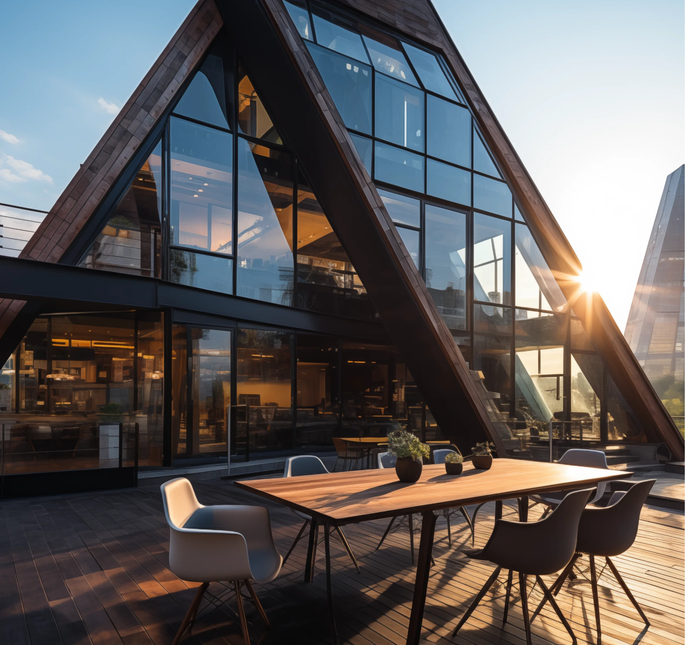 A stylish modern house by Horizon Studio showcasing a wooden roof and transparent glass walls.