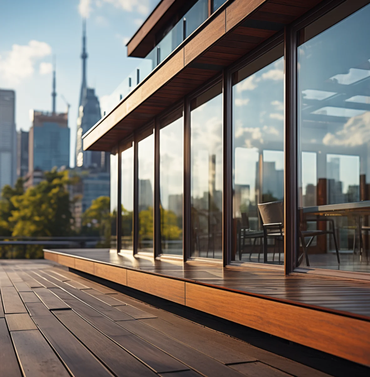 Scenic city view captured from a wooden deck by Horizon Studio