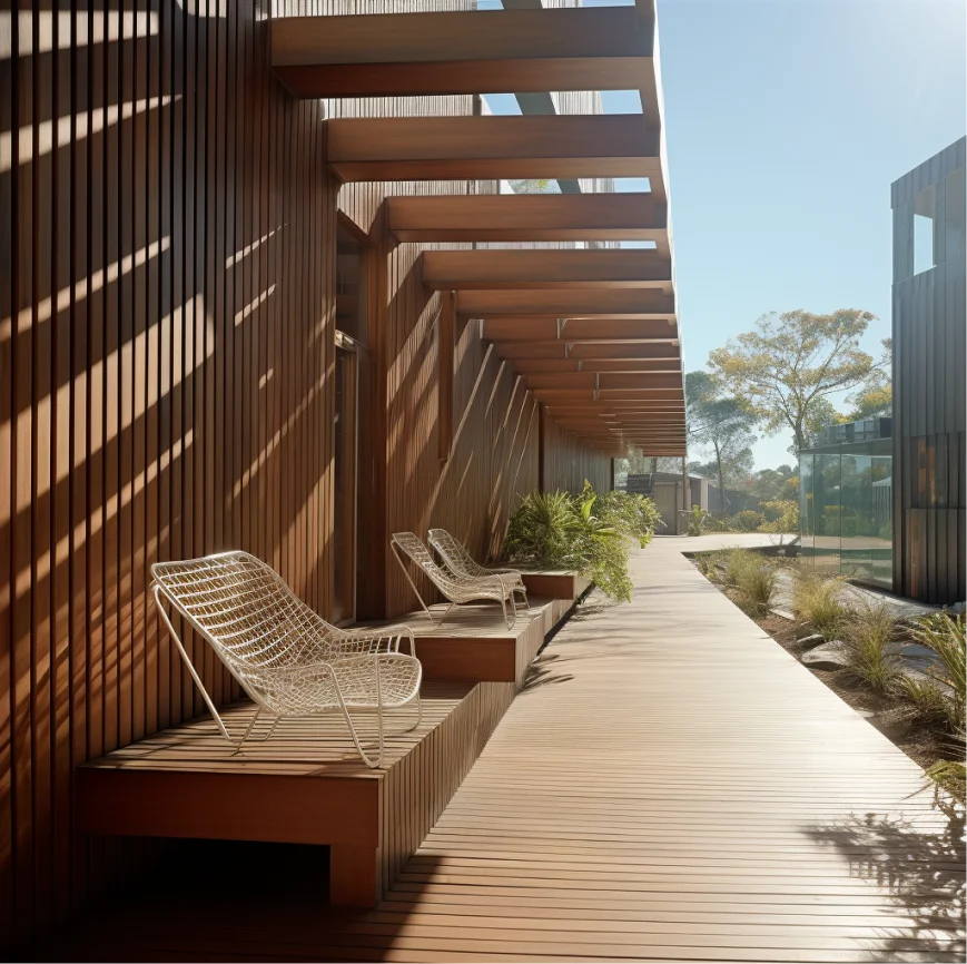 A wooden walkway leading to a building with a wooden deck.
